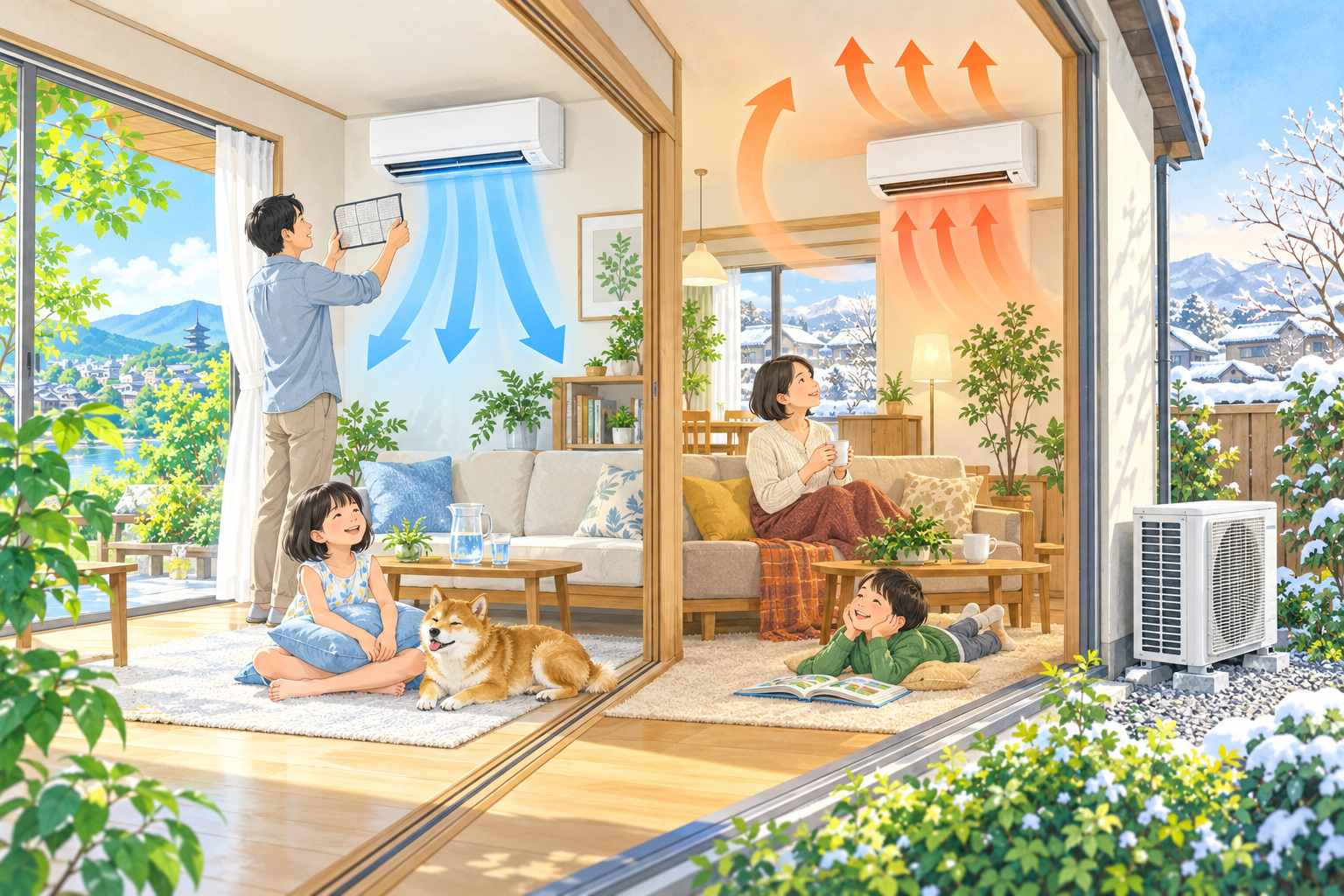 夏の冷房と冬の暖房にエアコンを活用し、フィルターと室外機を確認する家庭