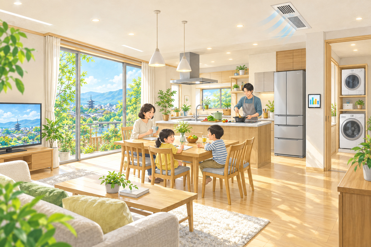 冷蔵庫、LED照明、テレビ、洗濯乾燥機、調理機器、換気、HEMSを使う家庭