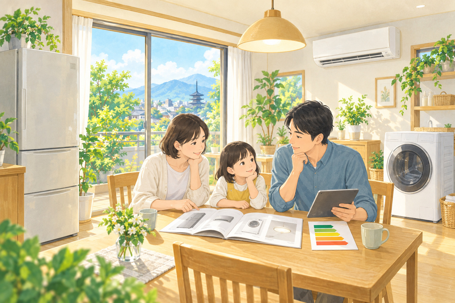 家電のカタログや省エネ性能を見ながら買替えを考える家庭