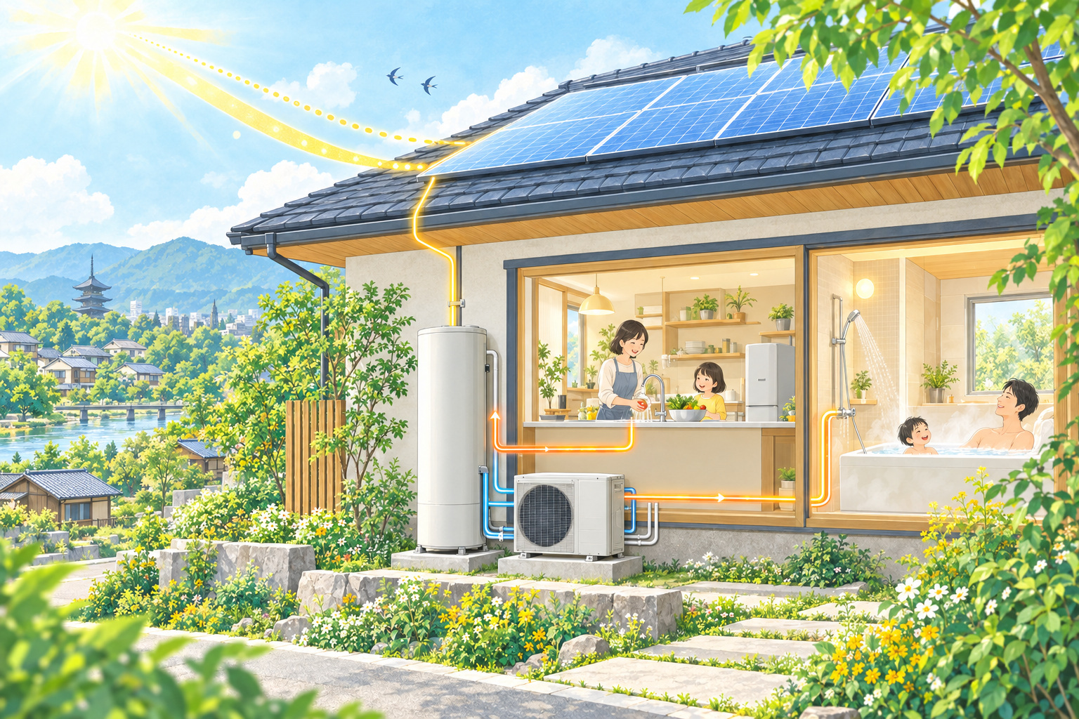 太陽光発電と連携するヒートポンプ給湯器で台所と風呂へ湯を送る住まい