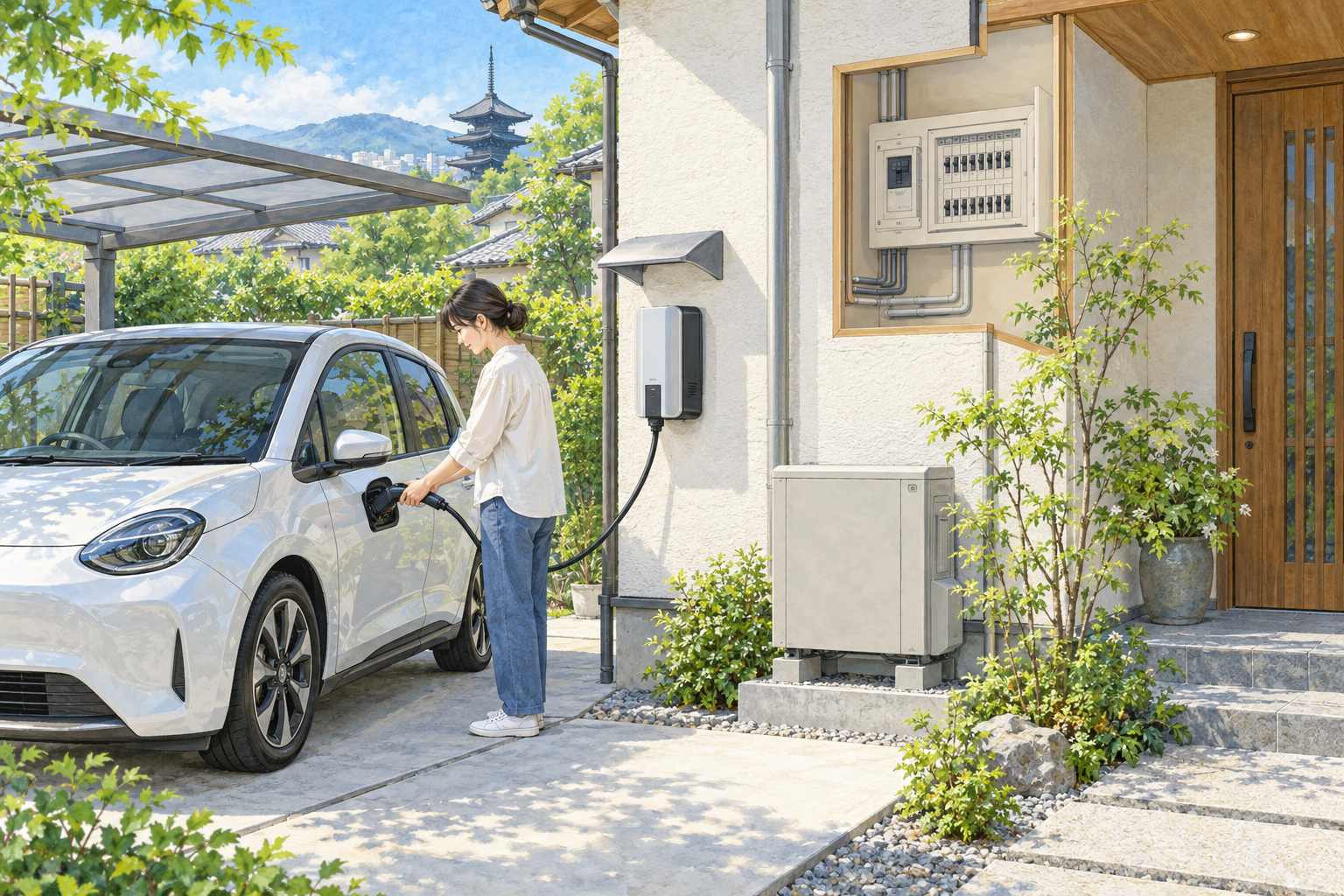 戸建て住宅でのEV充電設備と充電のイメージ