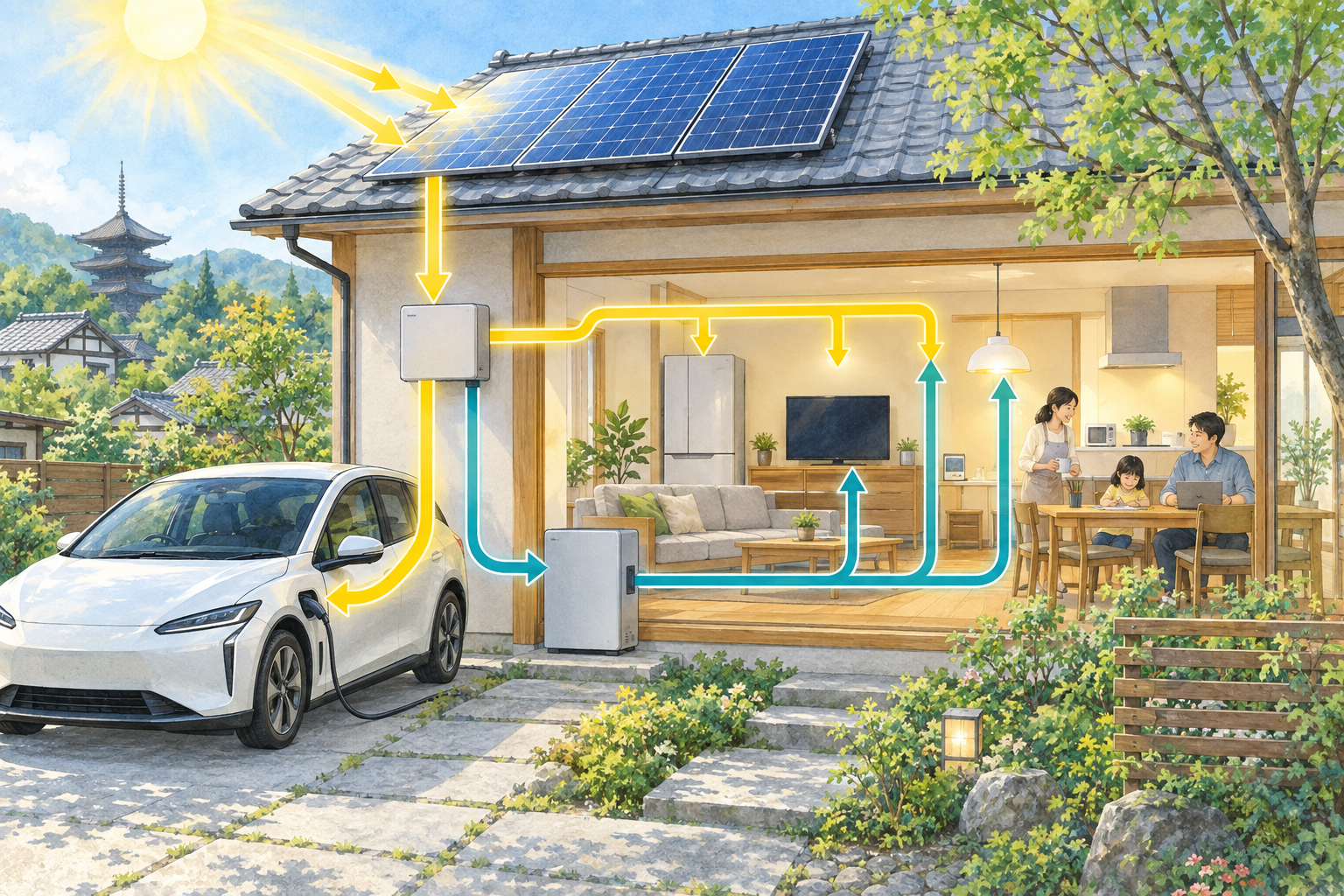 太陽光発電・EV・V2Hをつないで家庭で電気を活用するイメージ