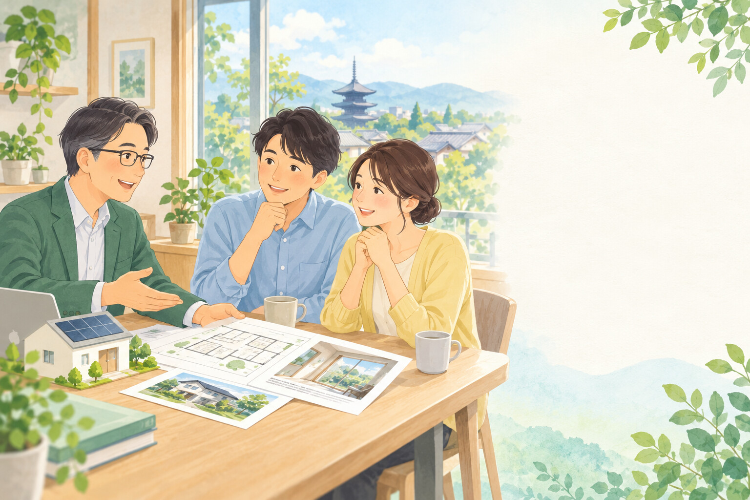 住まいの資料を見ながら相談する家族と相談員