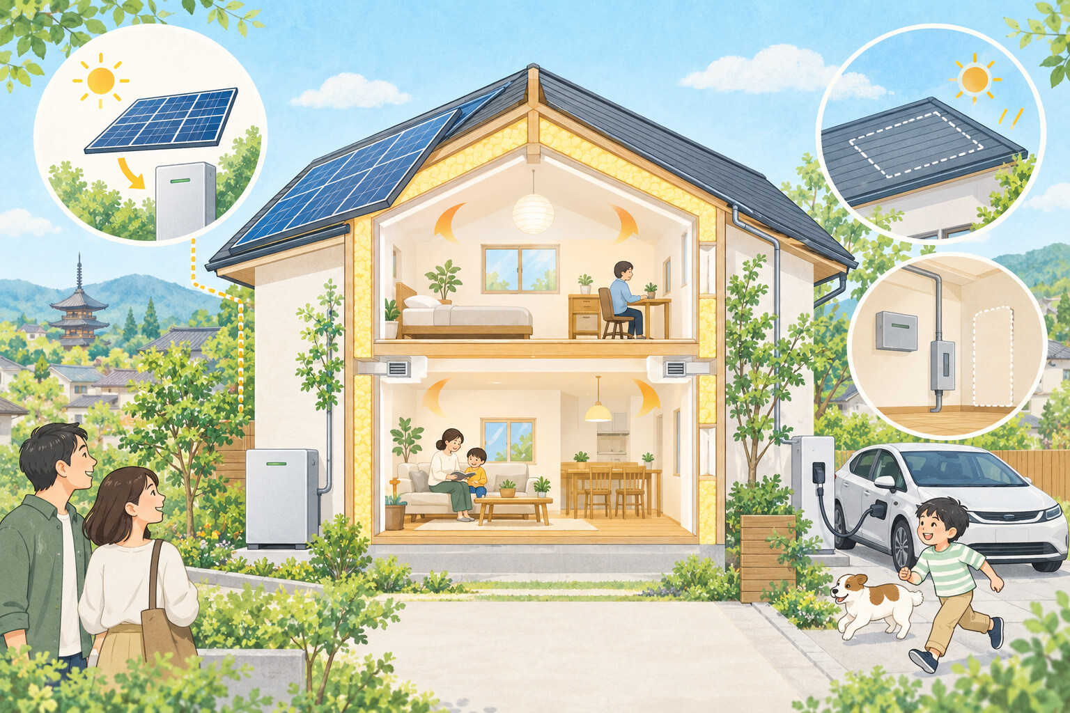 高断熱住宅と太陽光発電、将来の設備追加に備えた新築住宅のイメージ