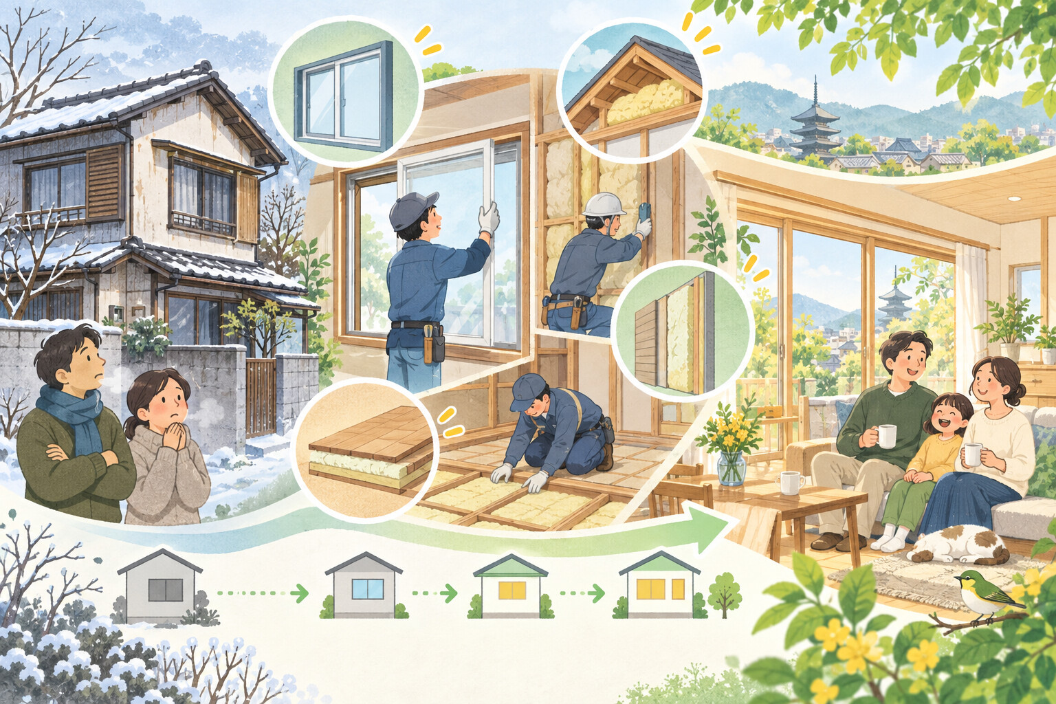 窓や天井、壁、床を省エネリフォームするイメージ