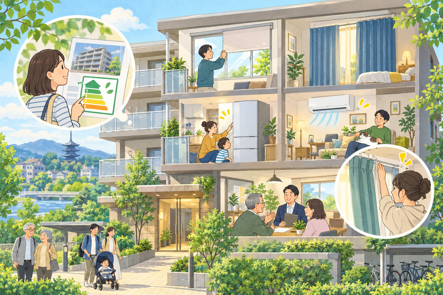 賃貸住宅や集合住宅でできる省エネを考える人々