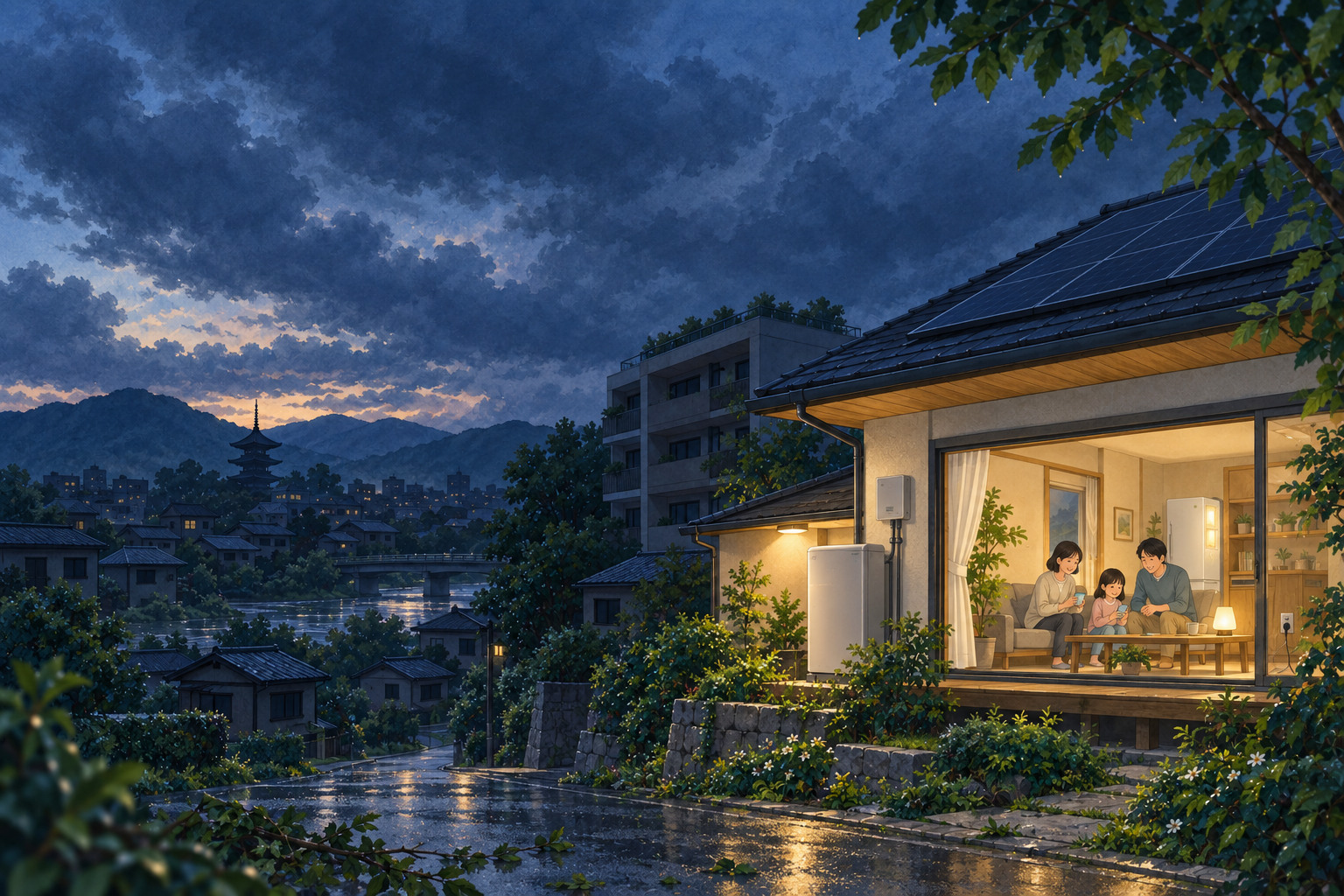 停電した夜に蓄電池から必要な部屋へ電気を送る家庭