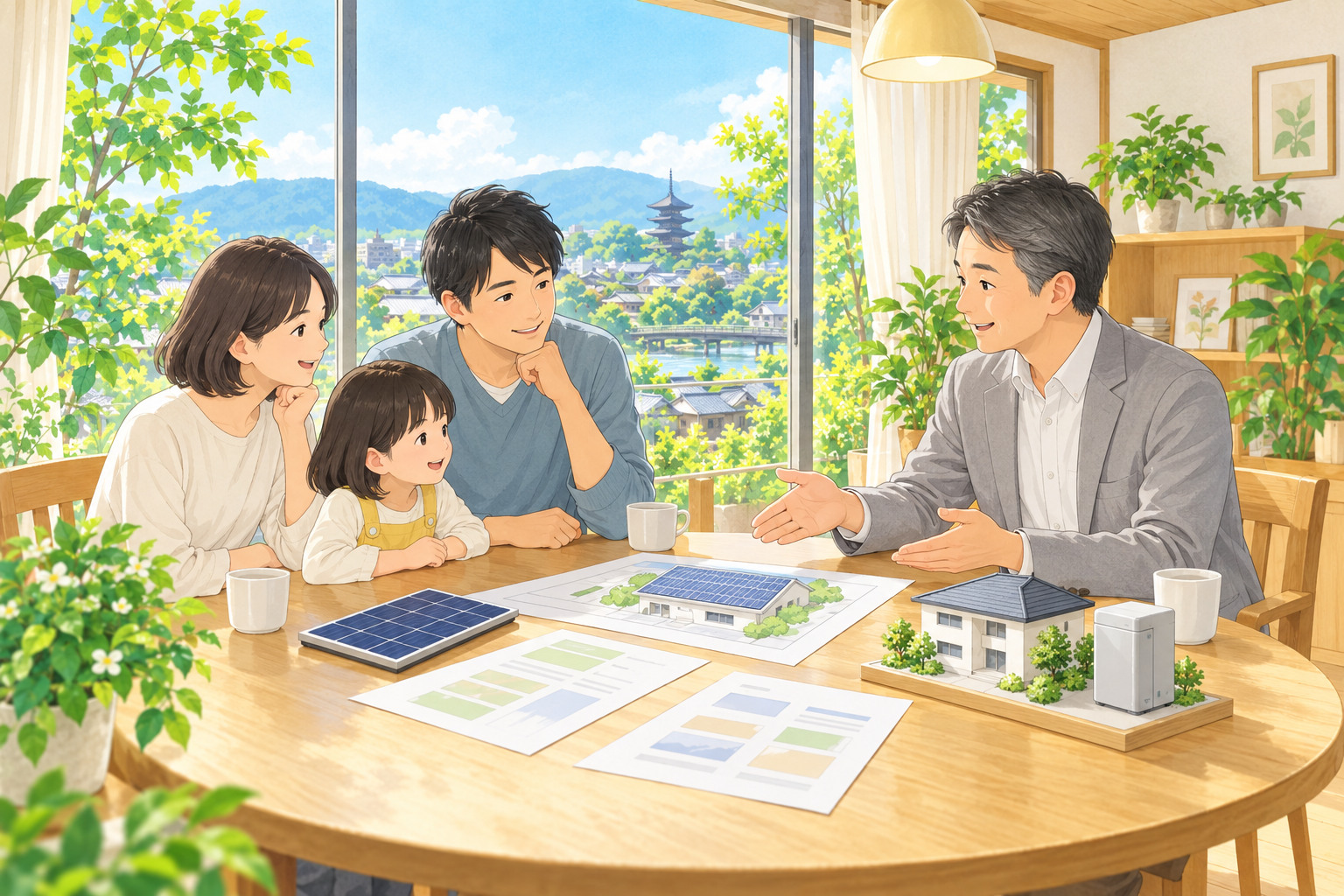 太陽光発電の屋根図面や見積書を見ながら相談員に相談する家庭