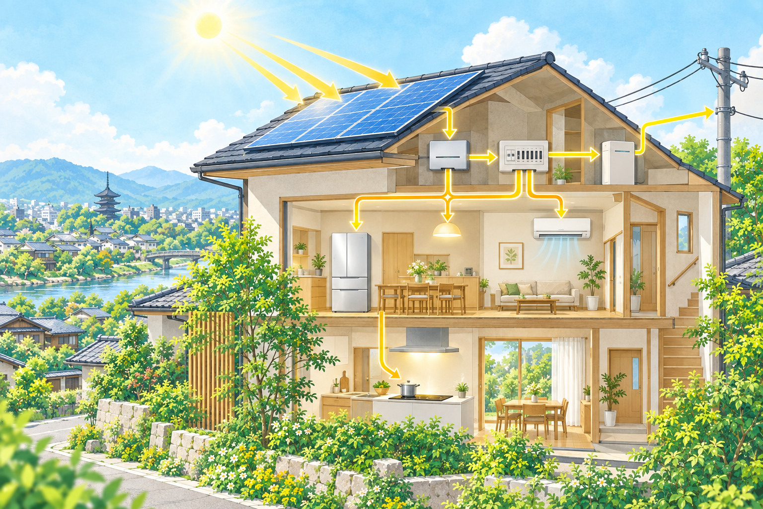 屋根の太陽光発電から家庭の家電へ電気が流れる住まいの断面図