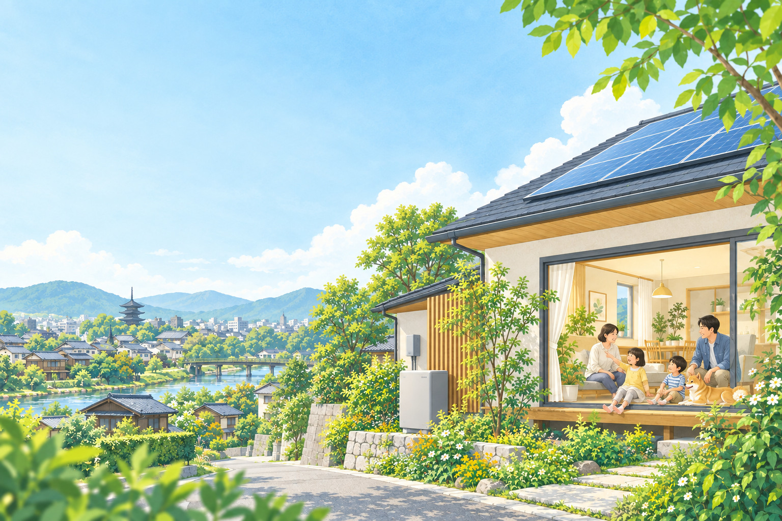 太陽光発電と蓄電池を備えた京都の住まいで暮らす家族