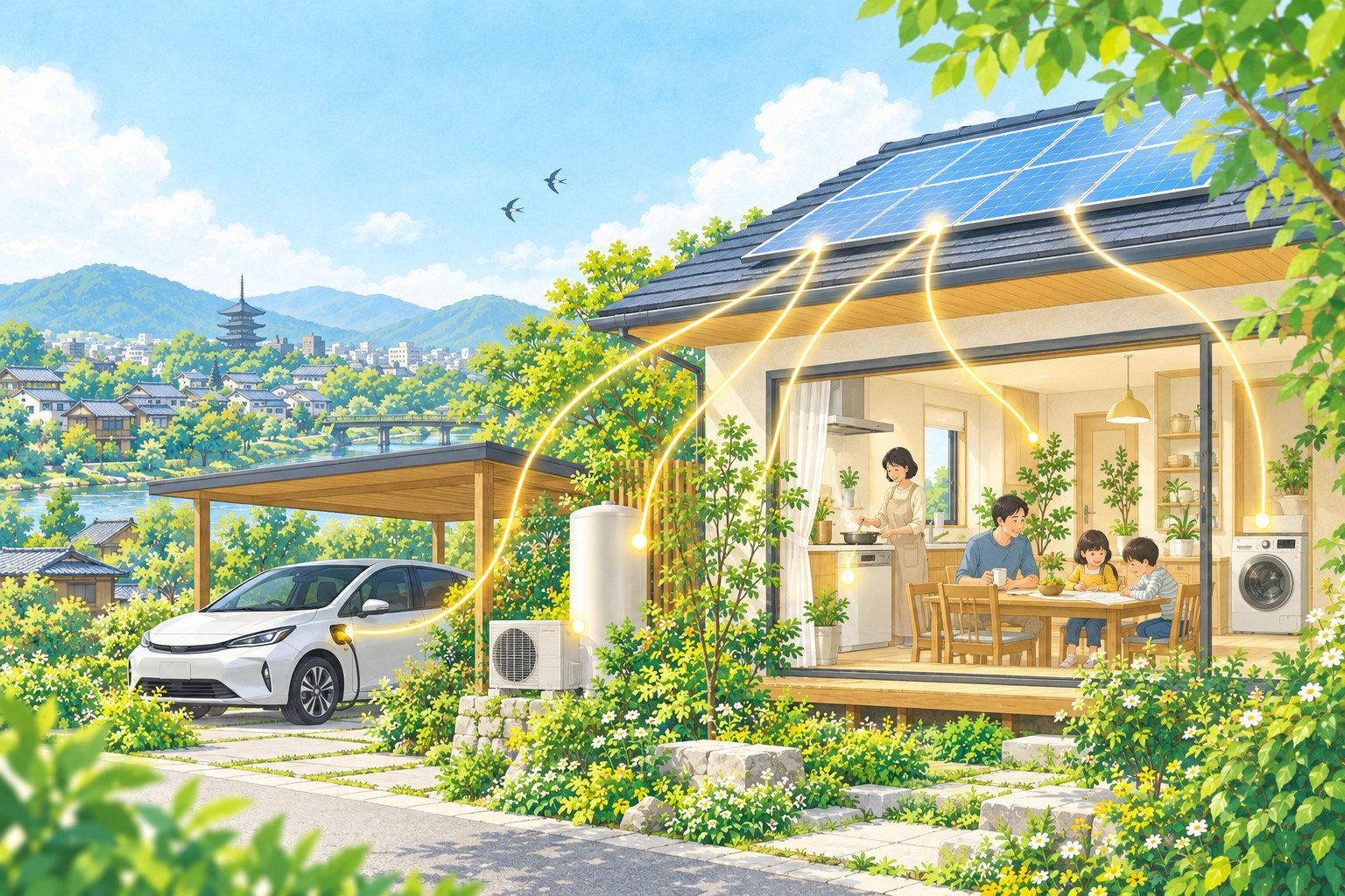 太陽光発電の電気を給湯、洗濯、調理、EV充電に使う家庭